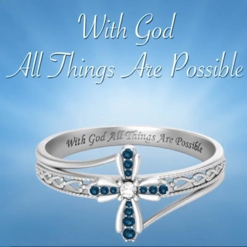 MIKE IS THIS SAME AS ETSY RING With God All Things Are Possible Engraved Sapphire Crystal Cross with Silver Ring Band