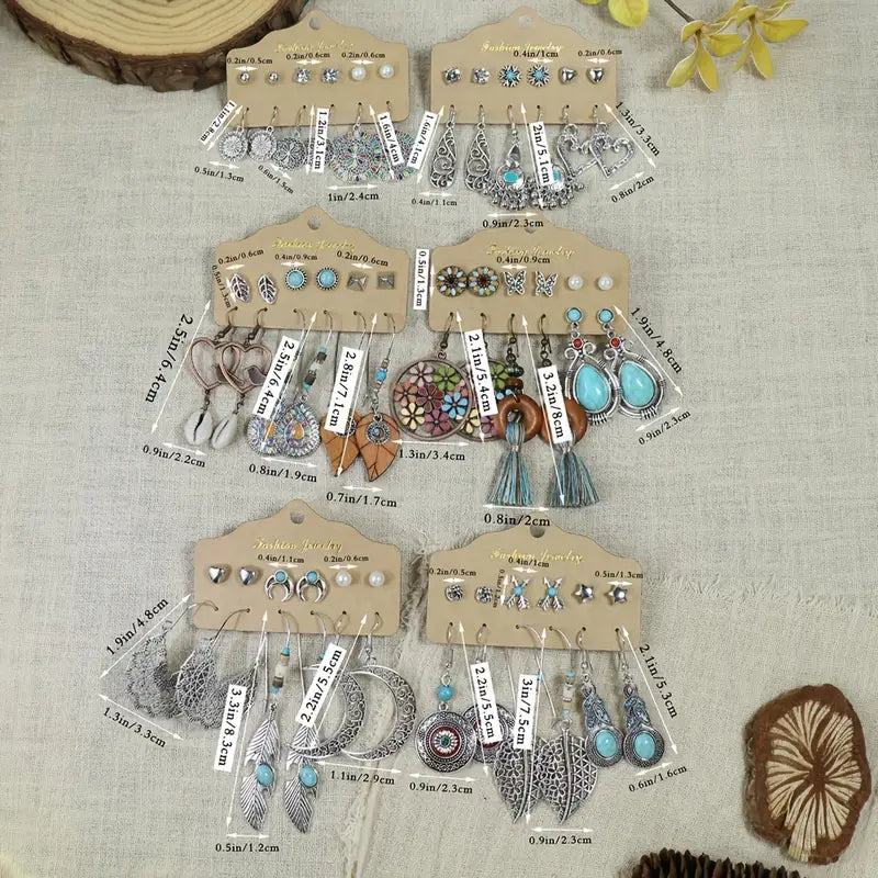Boho Drop Dangle Earrings Stud Earrings 6 Pair Set - Vintage