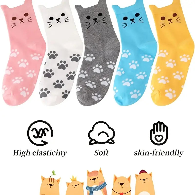 Super Cute Women Cat Socks - 5 Pair -1 Size