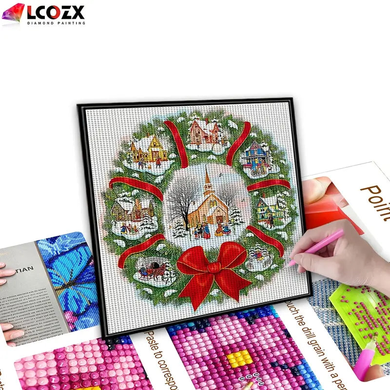 Diamond Painting - Christmas Wreath With Church - Homes - Painting Kit