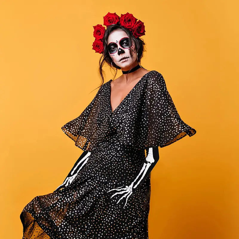Long Skeleton Pattern Gloves