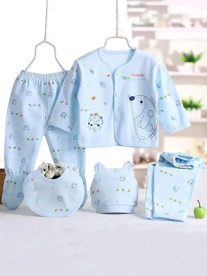 Infant 5 Piece Set - Pink- Blue - or Yellow - Long Sleeve Top & Pants & Hat & Bib Set
