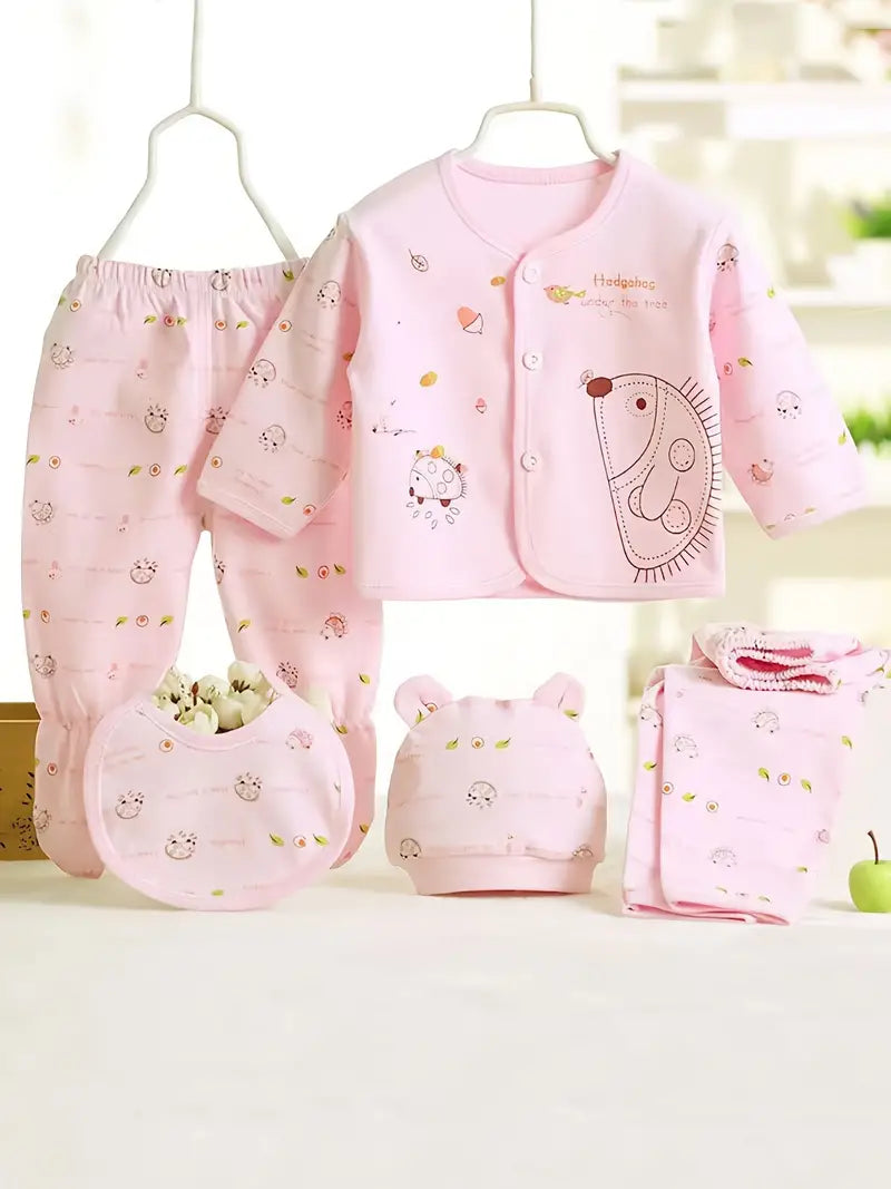 Infant 5 Piece Set - Pink- Blue - or Yellow - Long Sleeve Top & Pants & Hat & Bib Set