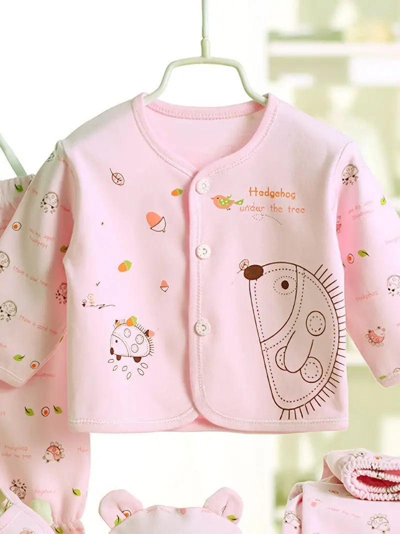 Infant 5 Piece Set - Pink- Blue - or Yellow - Long Sleeve Top & Pants & Hat & Bib Set