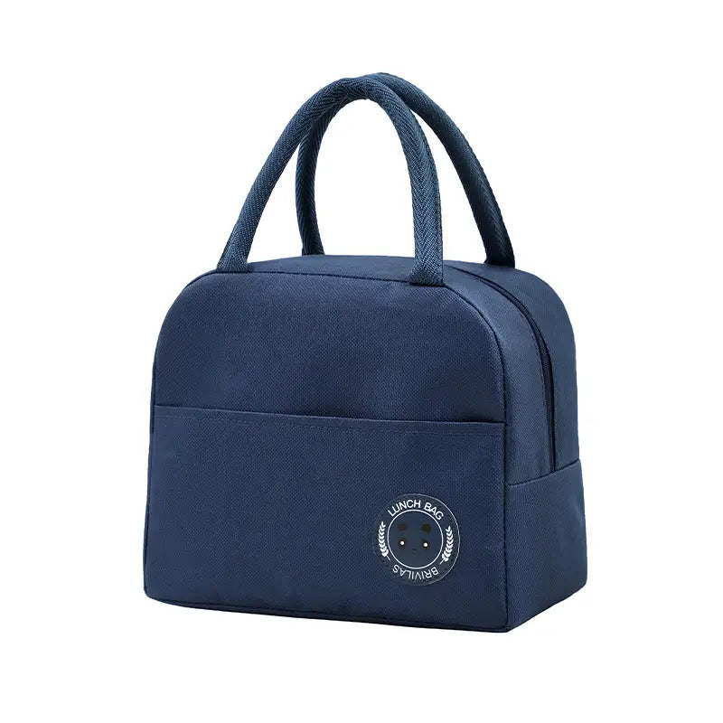 Blue insulated lunch bag with handles.