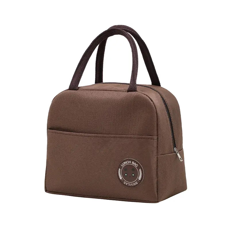Brown insulated lunch bag with handles.