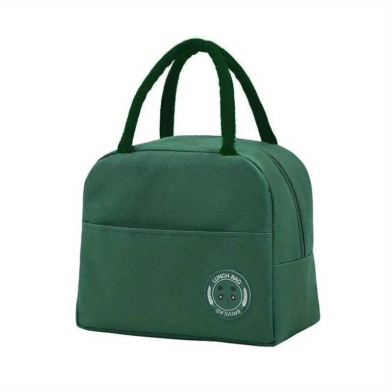 Green insulated lunch bag with handles.