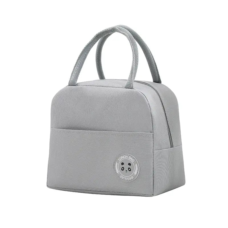 Grey insulated lunch bag with handles.