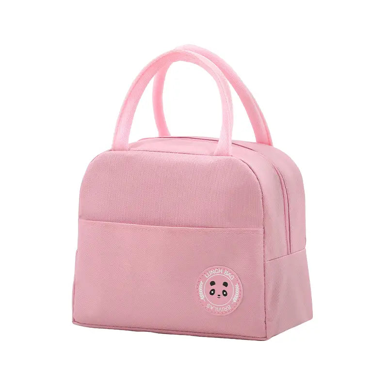 Pink insulated lunch bag with handles.
