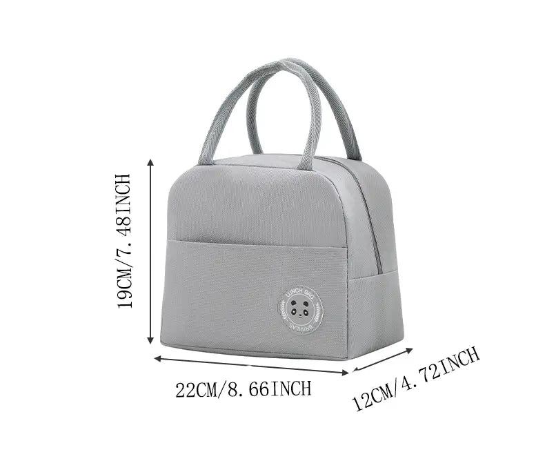 Grey insulated lunch bag size. 7.48 inch tall by 8.66 inch wide by 4.72 inch depth.