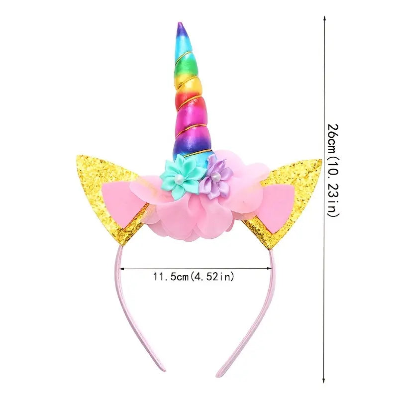 Metallic Unicorn Headband with Glitter Ears and Small Flowers
