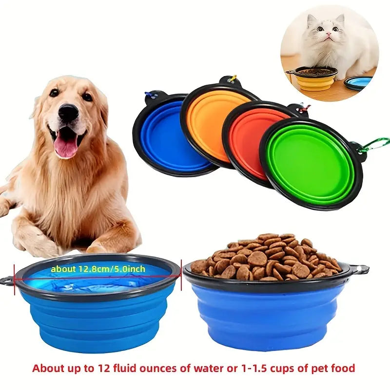 A portable bowl showing 12 fluid ounces of water and a second portable bowl showing 1 cup of pet food. A dog and cat each have a bowl.