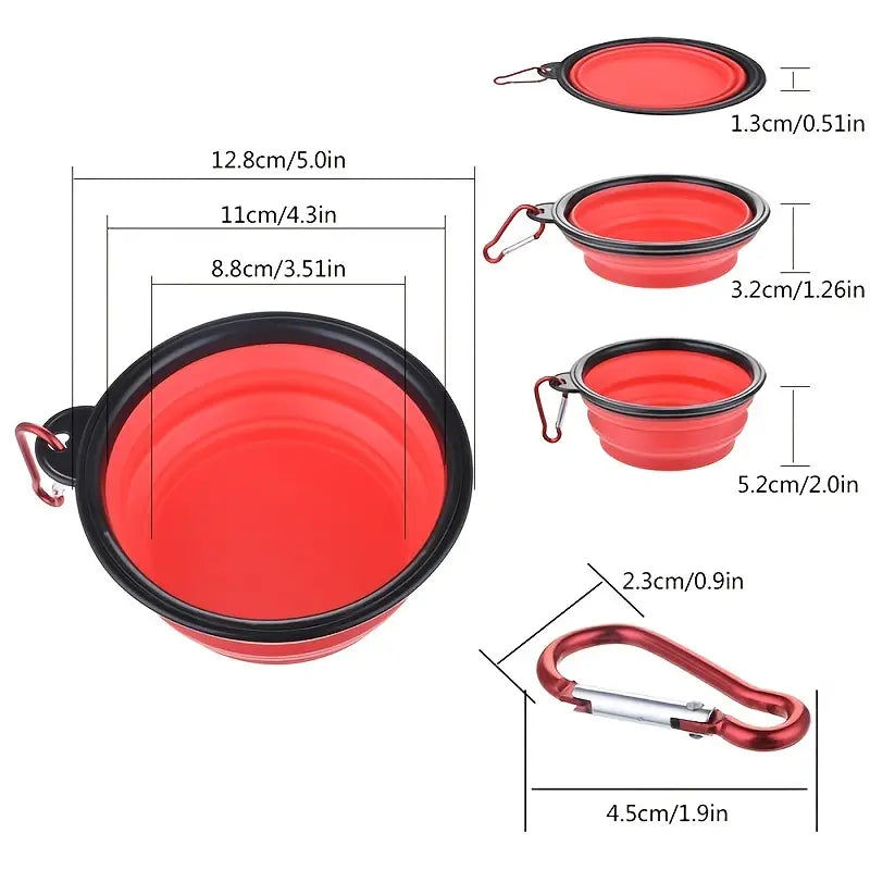 a portable red bowl with a clasp. Measurements of the bowl and clasp. Portable bowl is 0.51 inch when flat. It is 2.0 inch when extended. The clasp is 1.9 inch long and 0.9 inches wide.