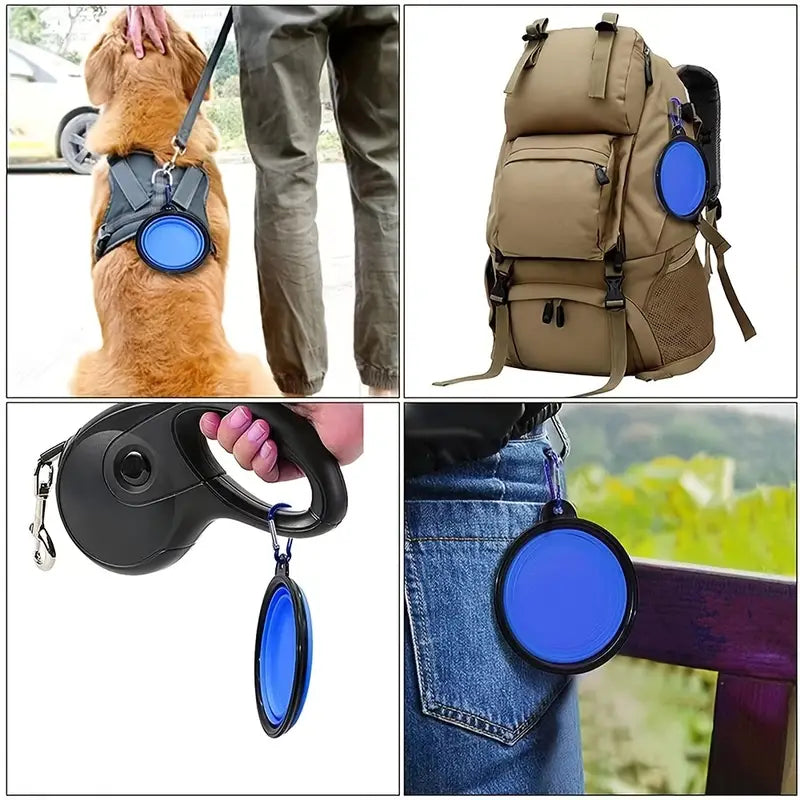Screen divided into four squares. Portable bowl attached to dog harness, a backpack, a leash and a belt loop.