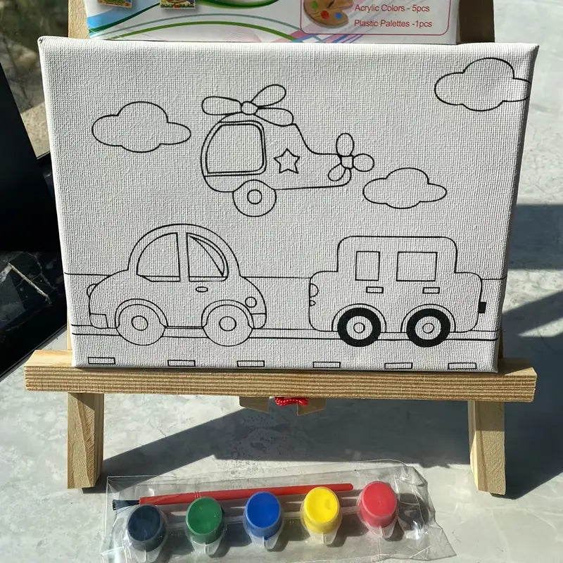 Adorable Pre-Printed Canvas, Paint, Paintbrush, and Easel