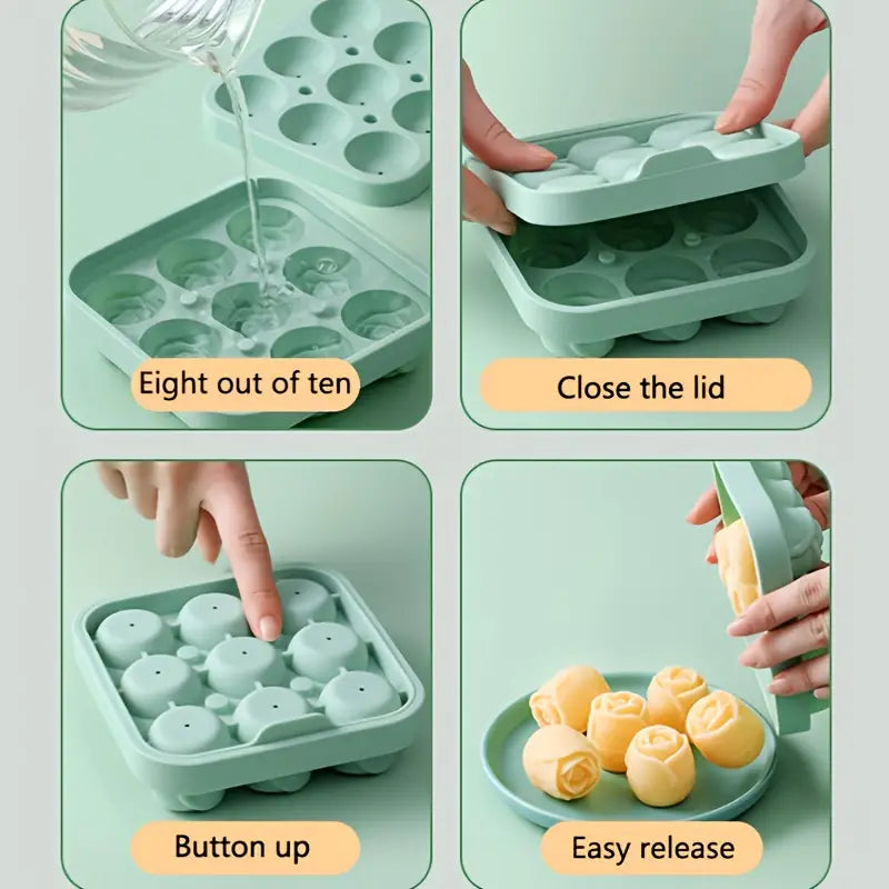 photos displaying process of using the 3D Rose Shaped Ice Cube Mold