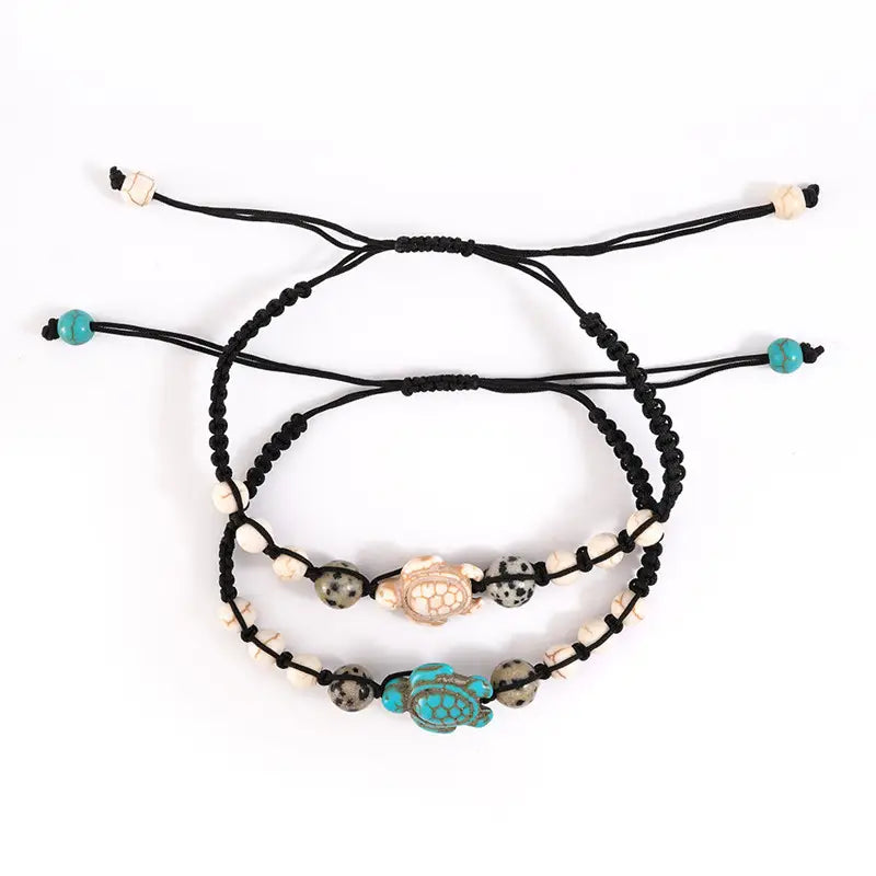 Two Vintage Friendship Beaded, Hand Braided Bracelets - Turquoise Turtles, Morse Code or Volcanic Stone!