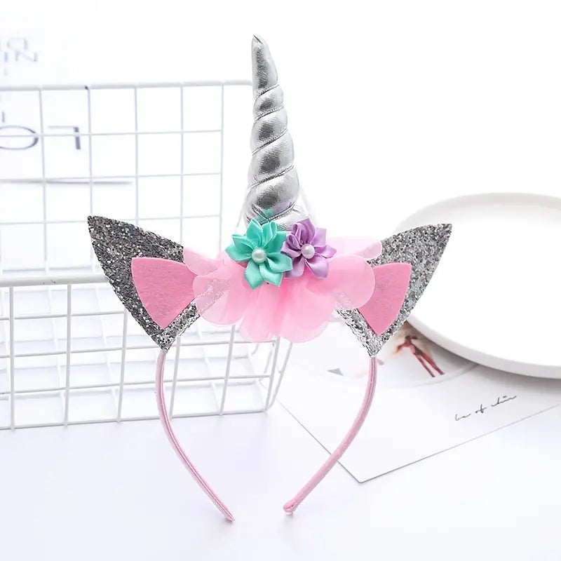 Metallic Unicorn Headband with Glitter Ears and Small Flowers