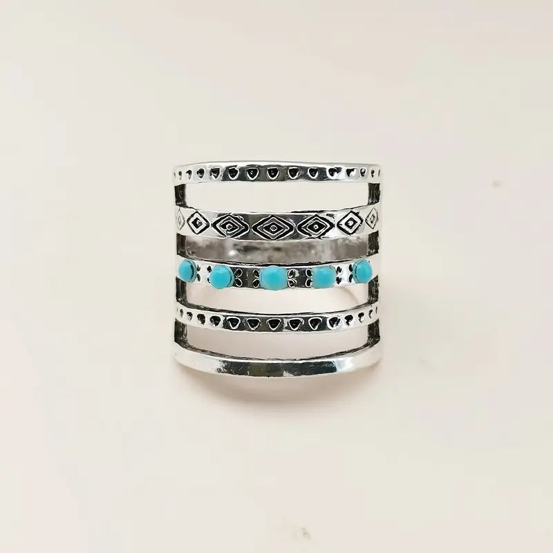 Ring Vintage Turquoise Ring Bohemian Hollowed Carved Wide Band Ring