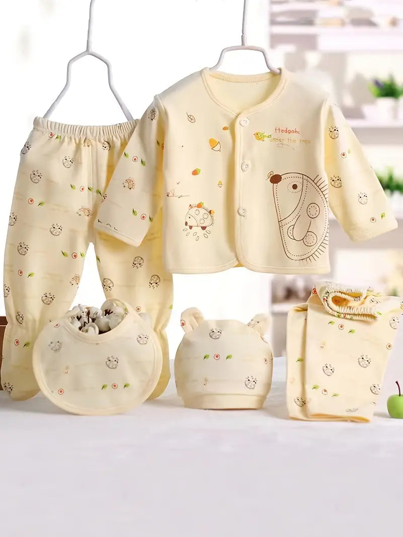 Infant 5 Piece Set - Pink- Blue - or Yellow - Long Sleeve Top & Pants & Hat & Bib Set