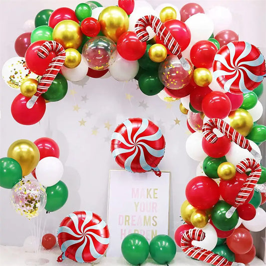Balloon Kit - Holiday - 102 pcs Christmas Balloons Garland Arch Kit - Red Green Gold Confetti Balloons with Candy Mylar Balloons for Christmas Holiday Candy Theme Baby Shower Birthday Xmas Party Decorations,