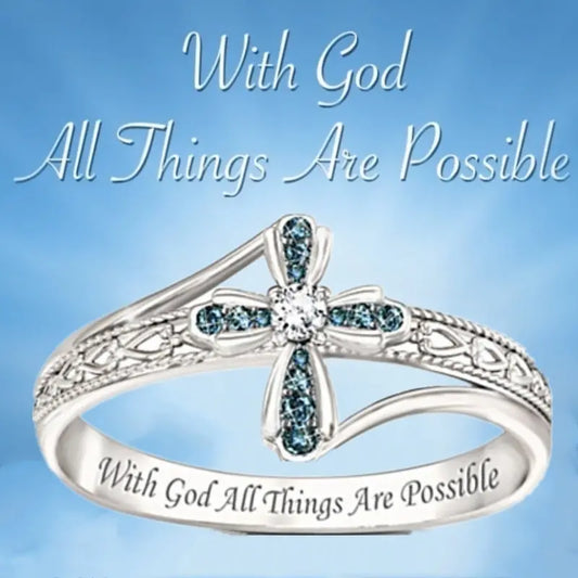 MIKE IS THIS SAME AS ETSY RING With God All Things Are Possible Engraved Sapphire Crystal Cross with Silver Ring Band