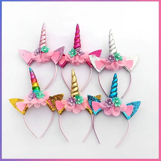 Metallic Unicorn Headband with Glitter Ears and Small Flowers