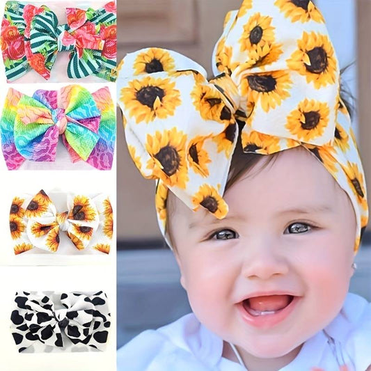 4 styles of Baby bow headbands with image of smiling baby wearing sunflower style