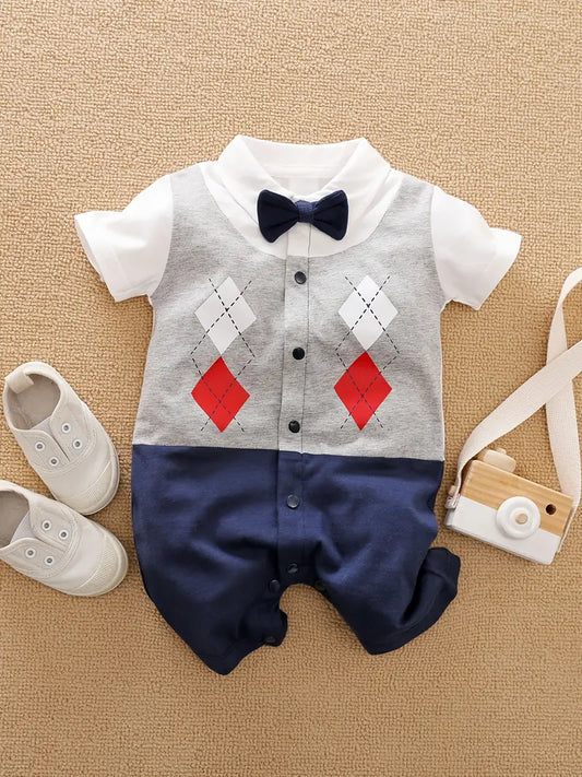 Baby Boy's Plaid Short Sleeve Argyle Suit-Look Romper With Bow Tie - 1 piece