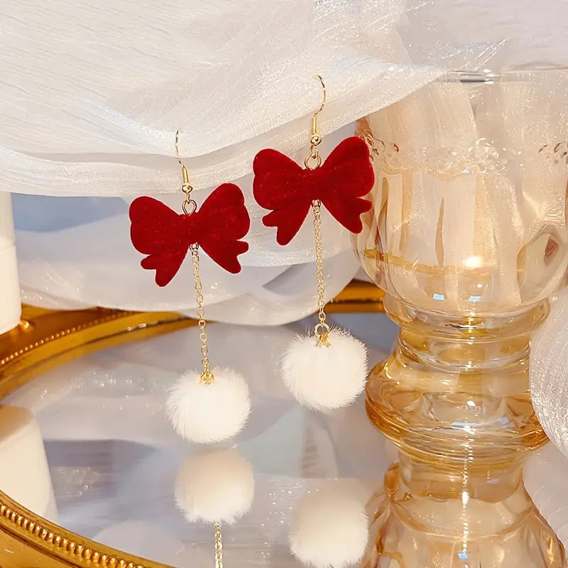 Vintage Red Bowknot Pom Pom Holiday Earrings