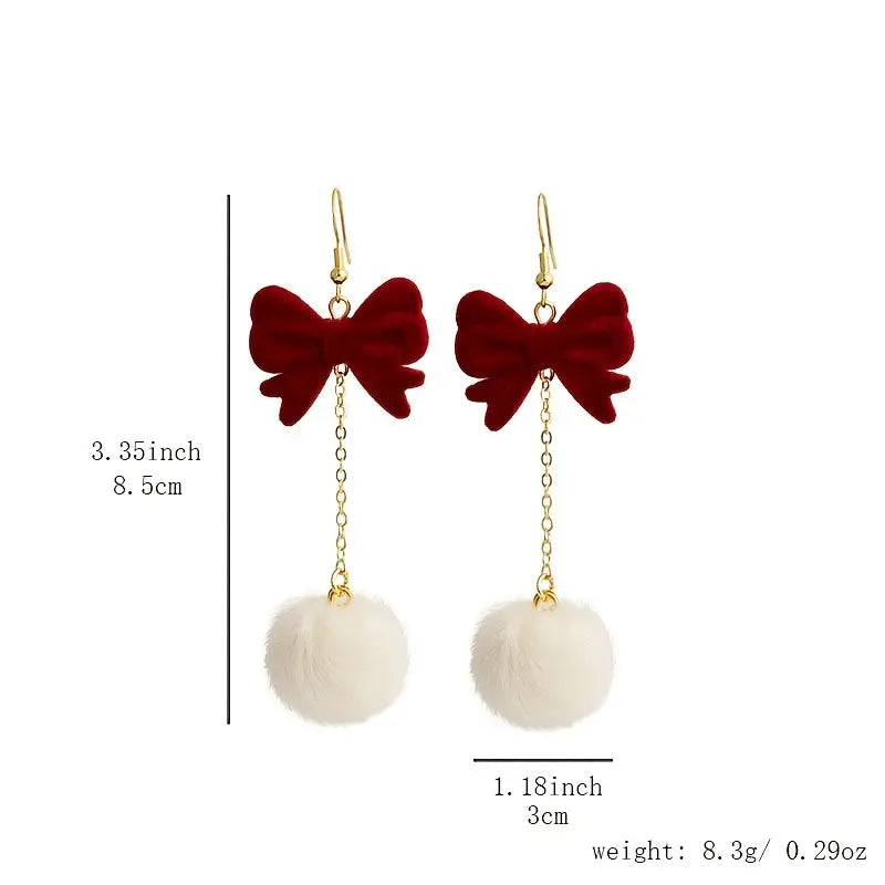 Vintage Red Bowknot Pom Pom Holiday Earrings