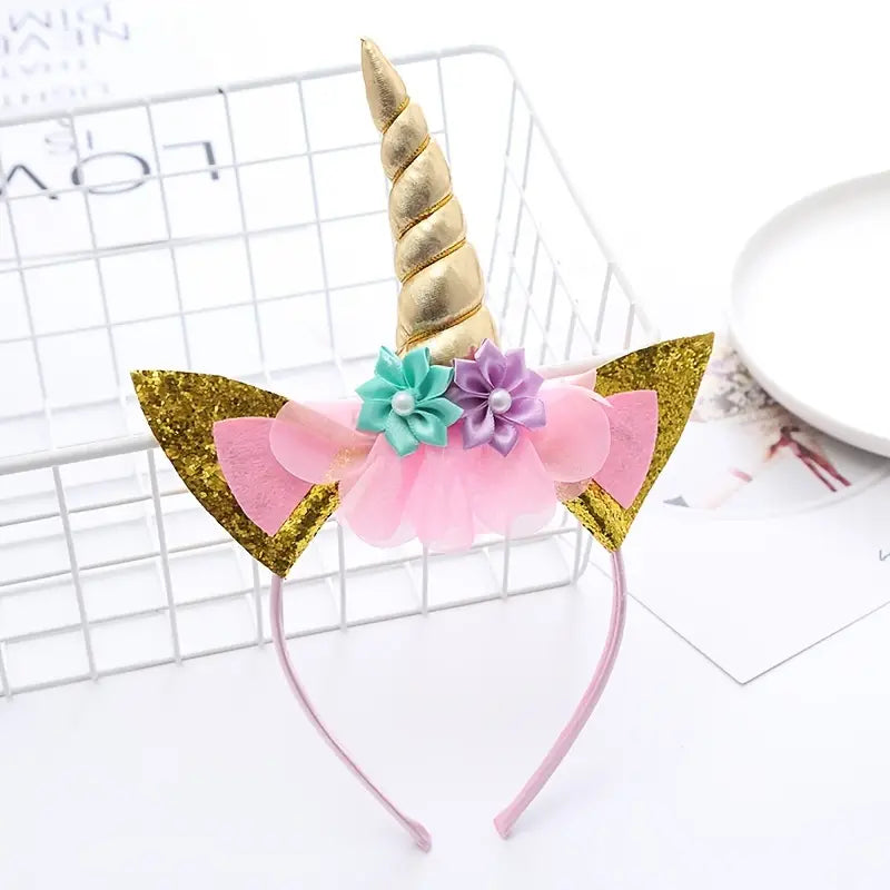 Metallic Unicorn Headband with Glitter Ears and Small Flowers
