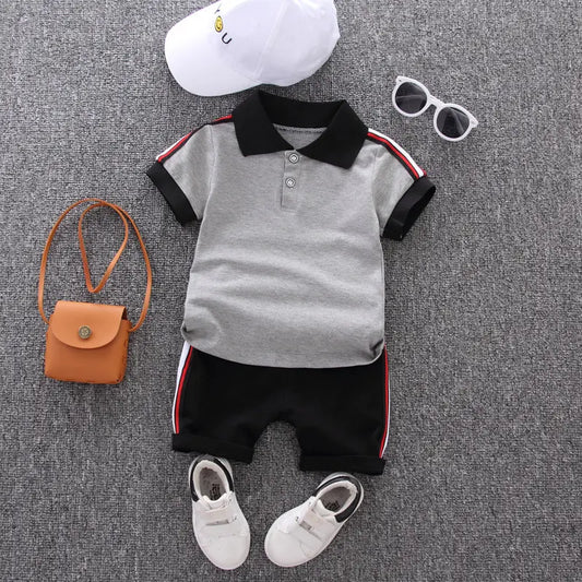 Boys Cotton &  Polyester Grey and Black Polo Style Short Set