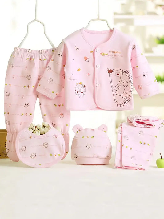 Infant 5 Piece Set - Pink- Blue - or Yellow  - Long Sleeve Top & Pants & Hat & Bib Set