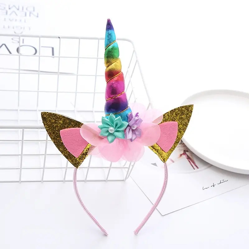 Metallic Unicorn Headband with Glitter Ears and Small Flowers