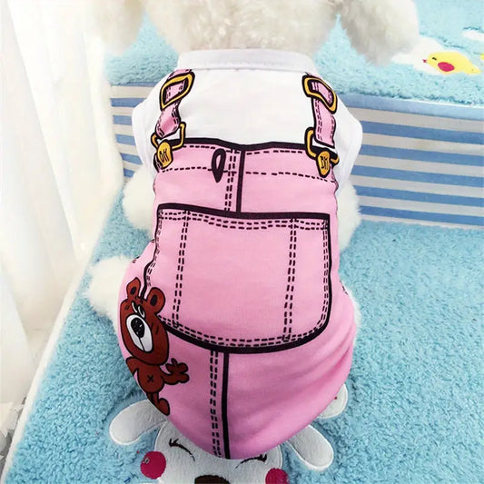 Pink Dog Dress T-shirt with Pattern of Overalls with a Bear