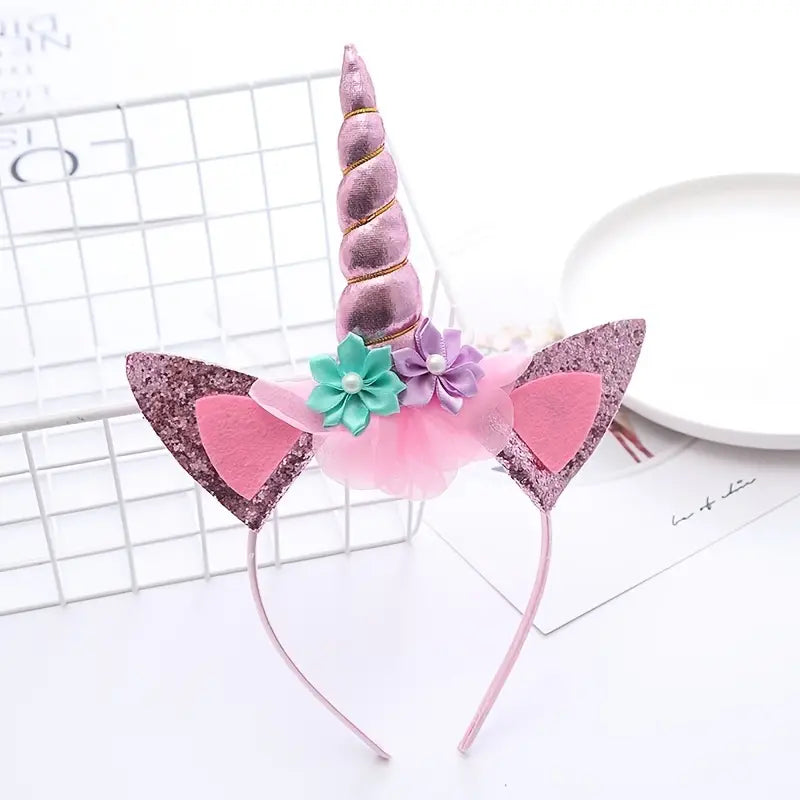 Metallic Unicorn Headband with Glitter Ears and Small Flowers