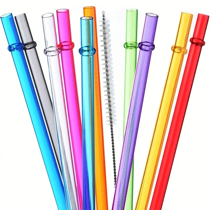 Ten bright plastic reuseable straws with a cleaning brush.
