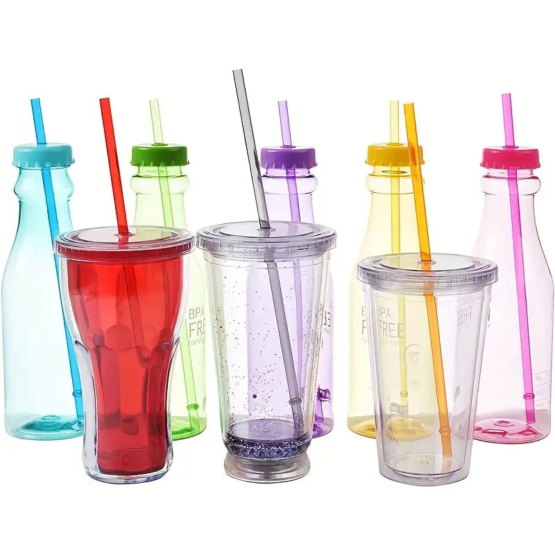 Reuseable plastic straws with various size and shapes of glass and bottles.