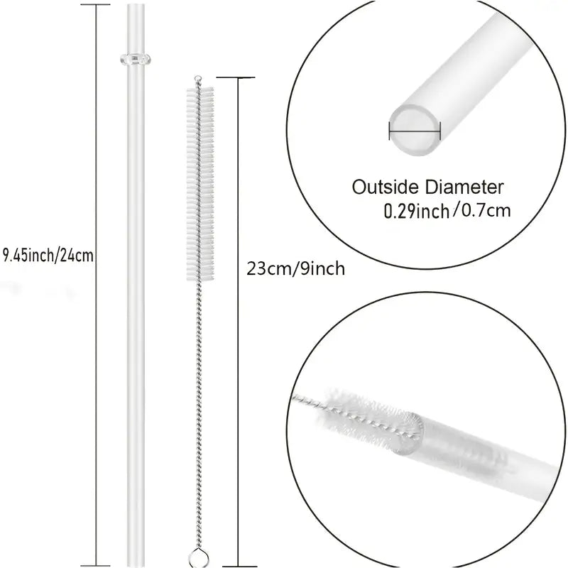 Size of reuseable plastic straws is 9.45 inches long with an outside diameter of 0.29 inch. The brush is 9 inches long.