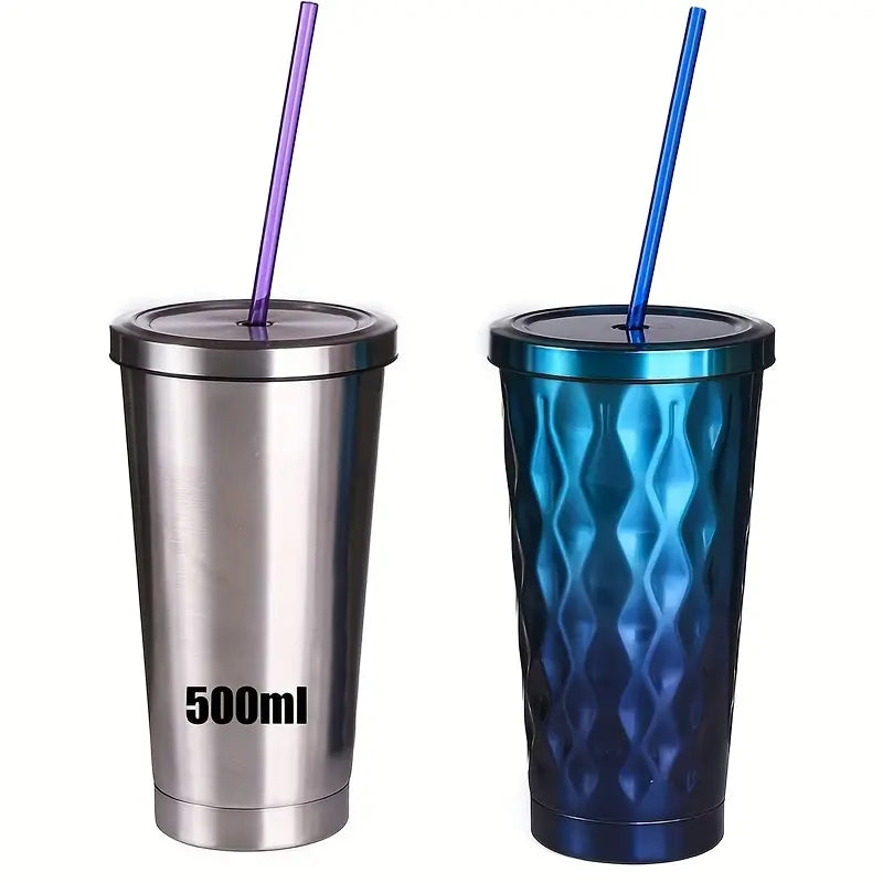 A blue and a stainless glass with a lid with the reuseable plastic straws in them.  One glass is 500 ml.