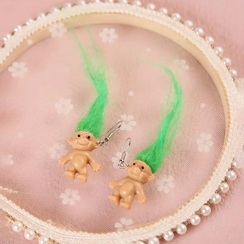 Adorable Troll Earrings with Long Bright Hair