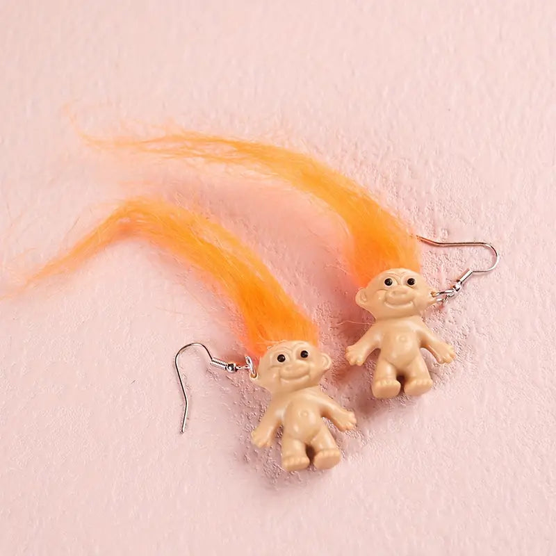 Adorable Troll Earrings with Long Bright Hair