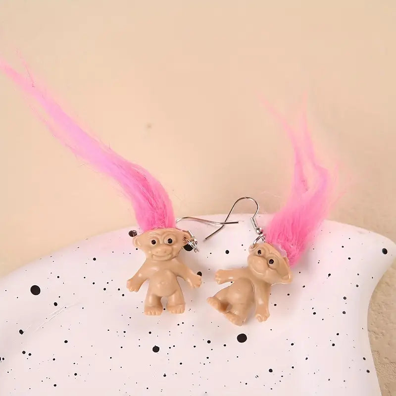 Adorable Troll Earrings with Long Bright Hair