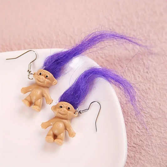 Adorable Troll Earrings with Long Bright Hair