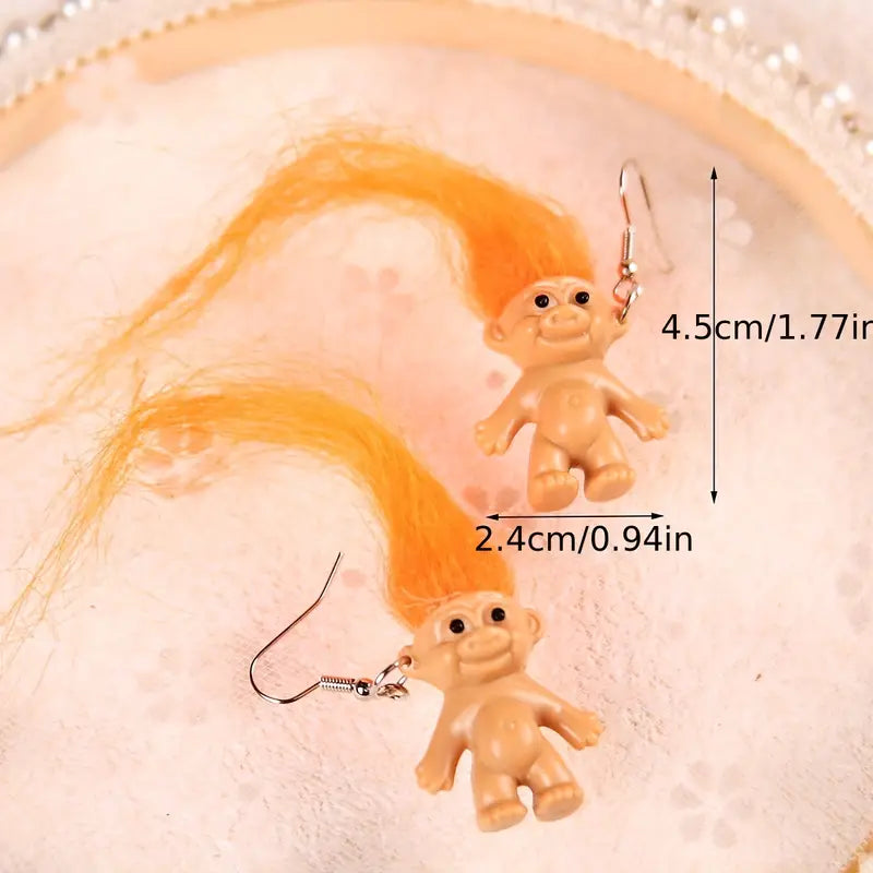 Adorable Troll Earrings with Long Bright Hair