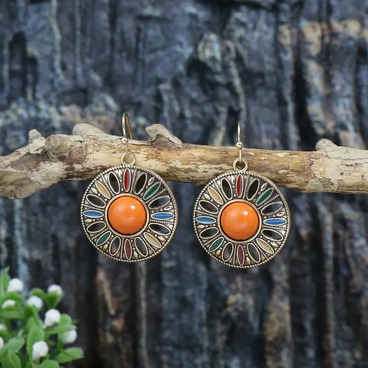 Earrings Vintage Multicolor Dangle Round Orange Center